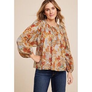 Maurices • Floral Metallic Blouson Peasant Blouse Top Orange Blue Small Boho